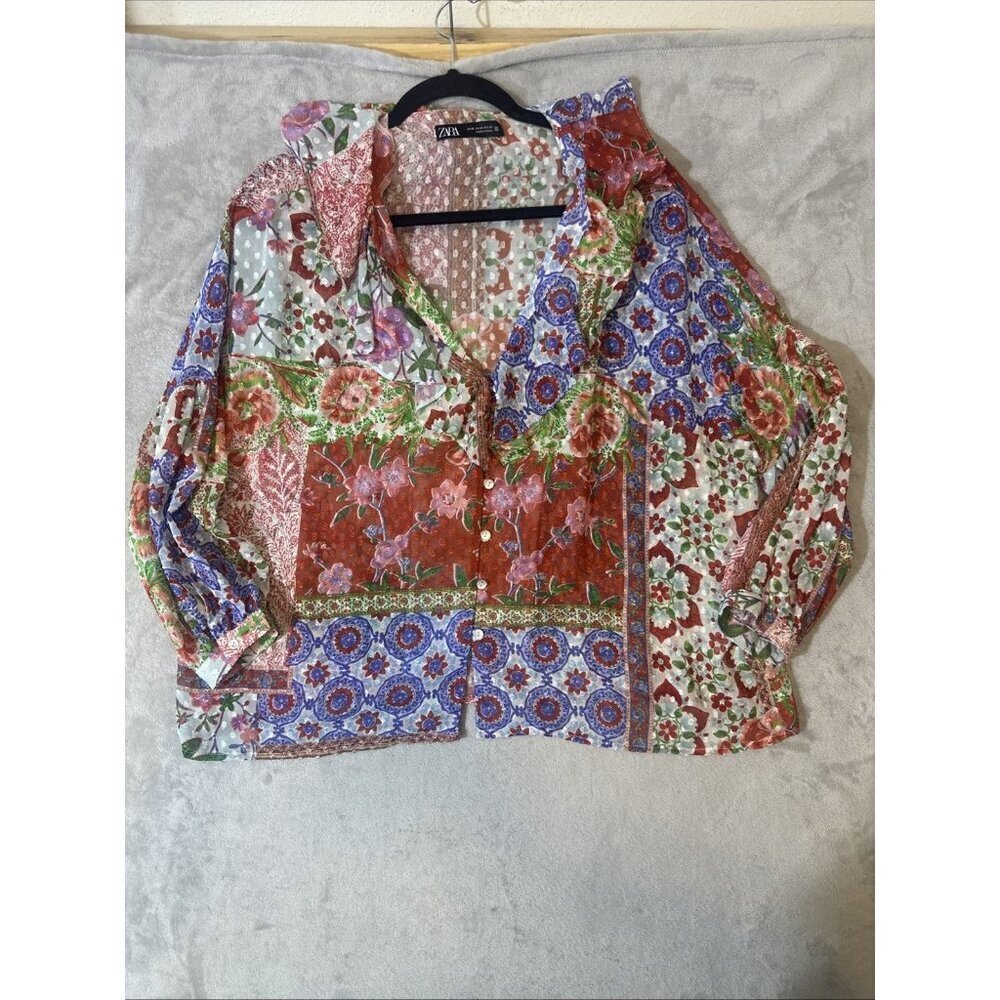 Zara Patchwork Floral Sheer Long Sleeve Button Front Blouse Medium